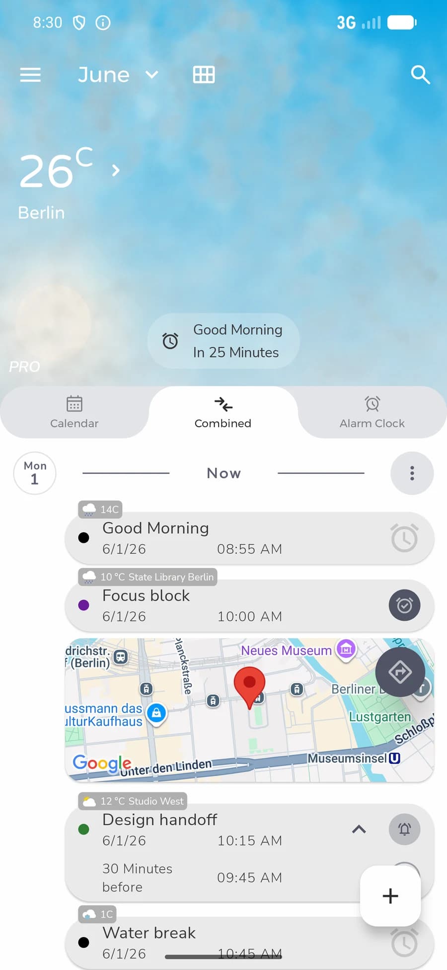 Calendar Alarm combined event list with weather, map, and upcoming alarms