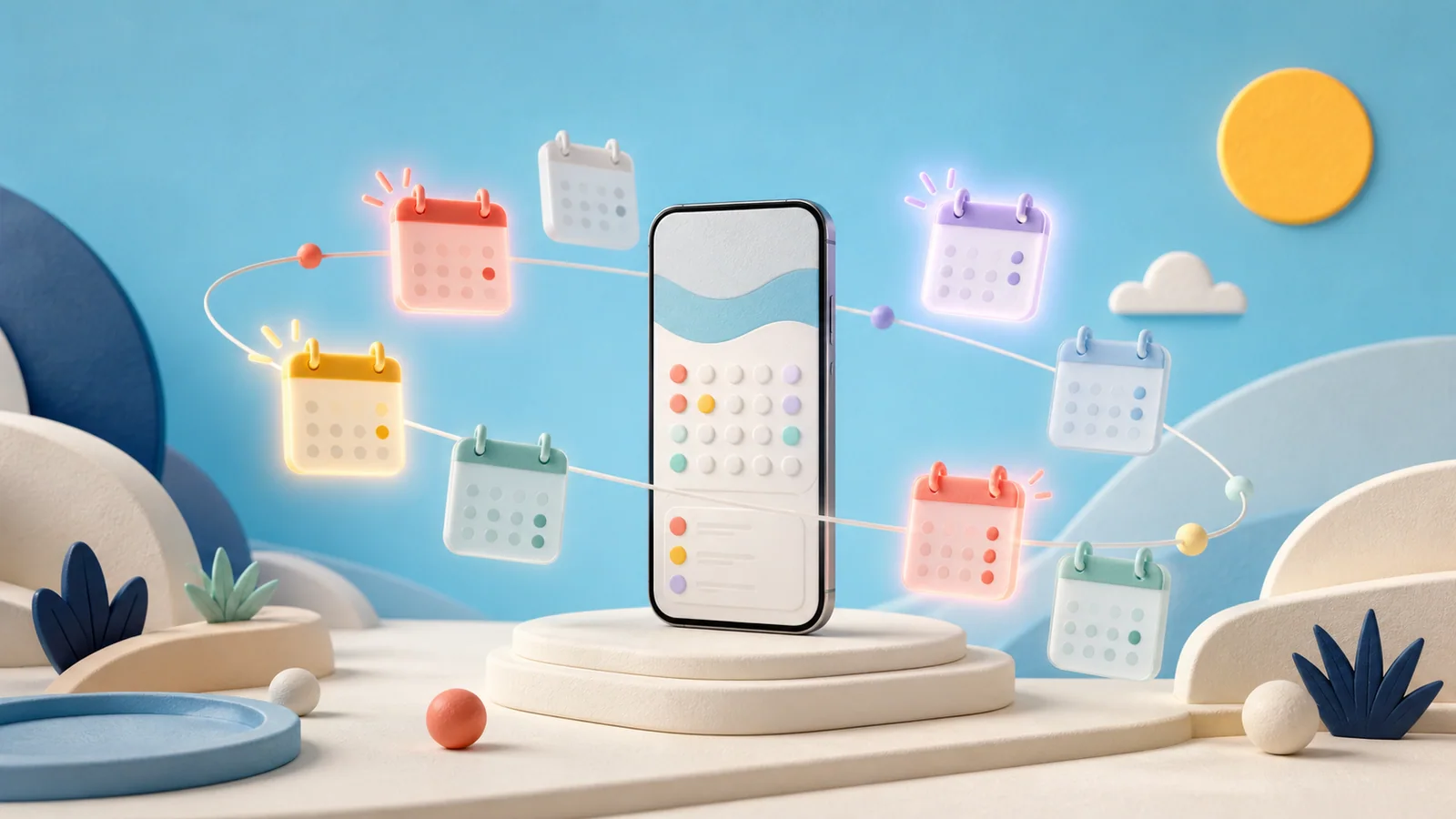 Color-coded calendar tiles orbiting a smartphone, with only selected tiles glowing