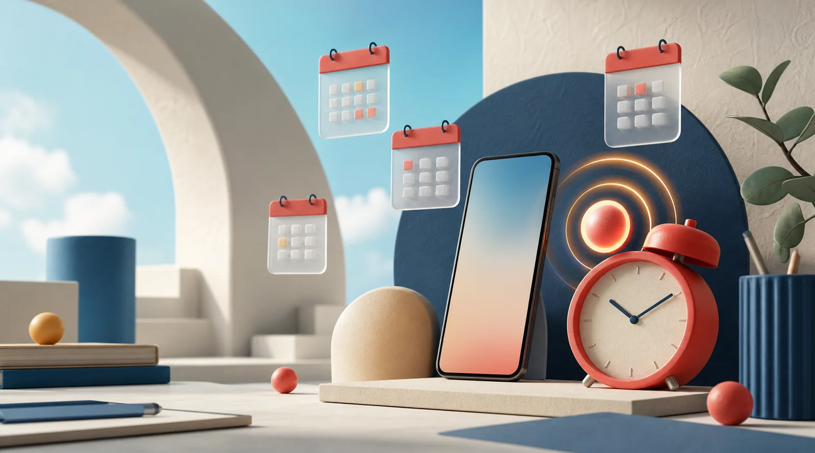 A desk clock, smartphone, and floating calendar cards in a calm miniature workspace